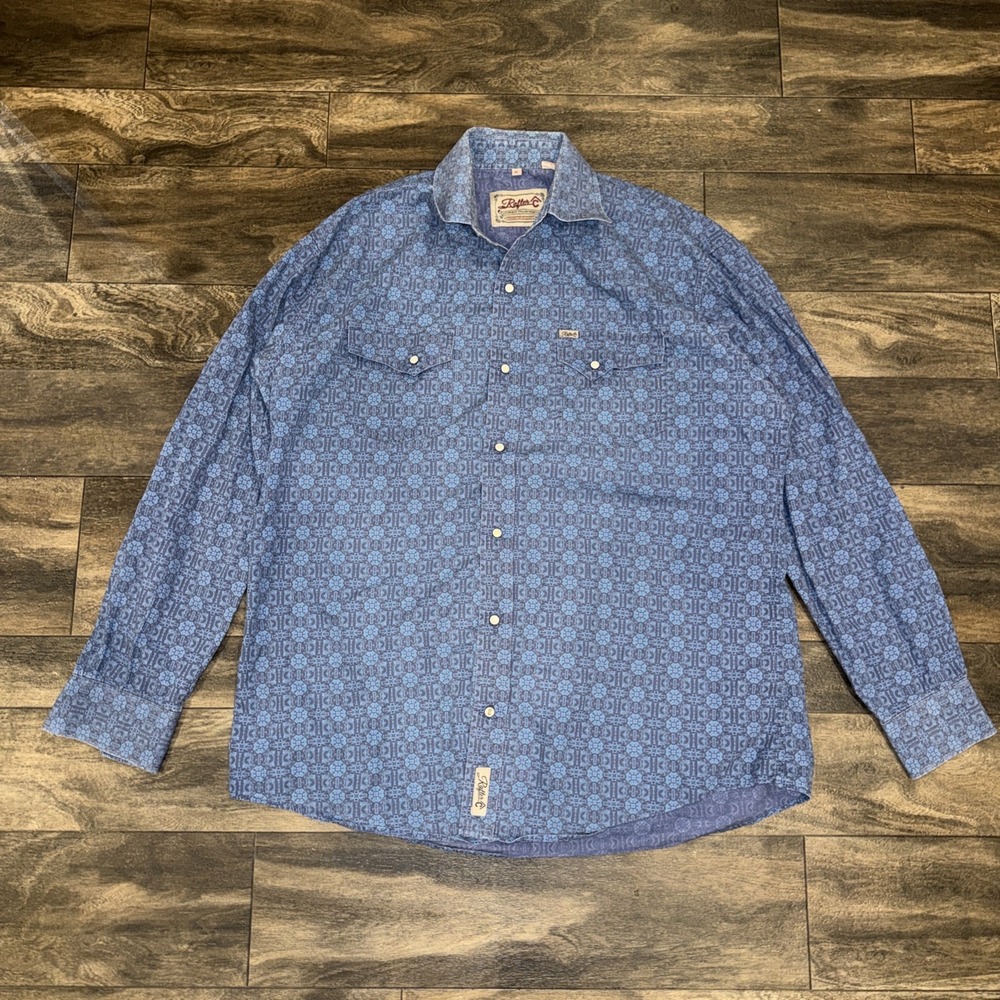 Rafter C Western Pearl Snap Button-Down Shirt Cowboy Men's Size XL AOP Blue